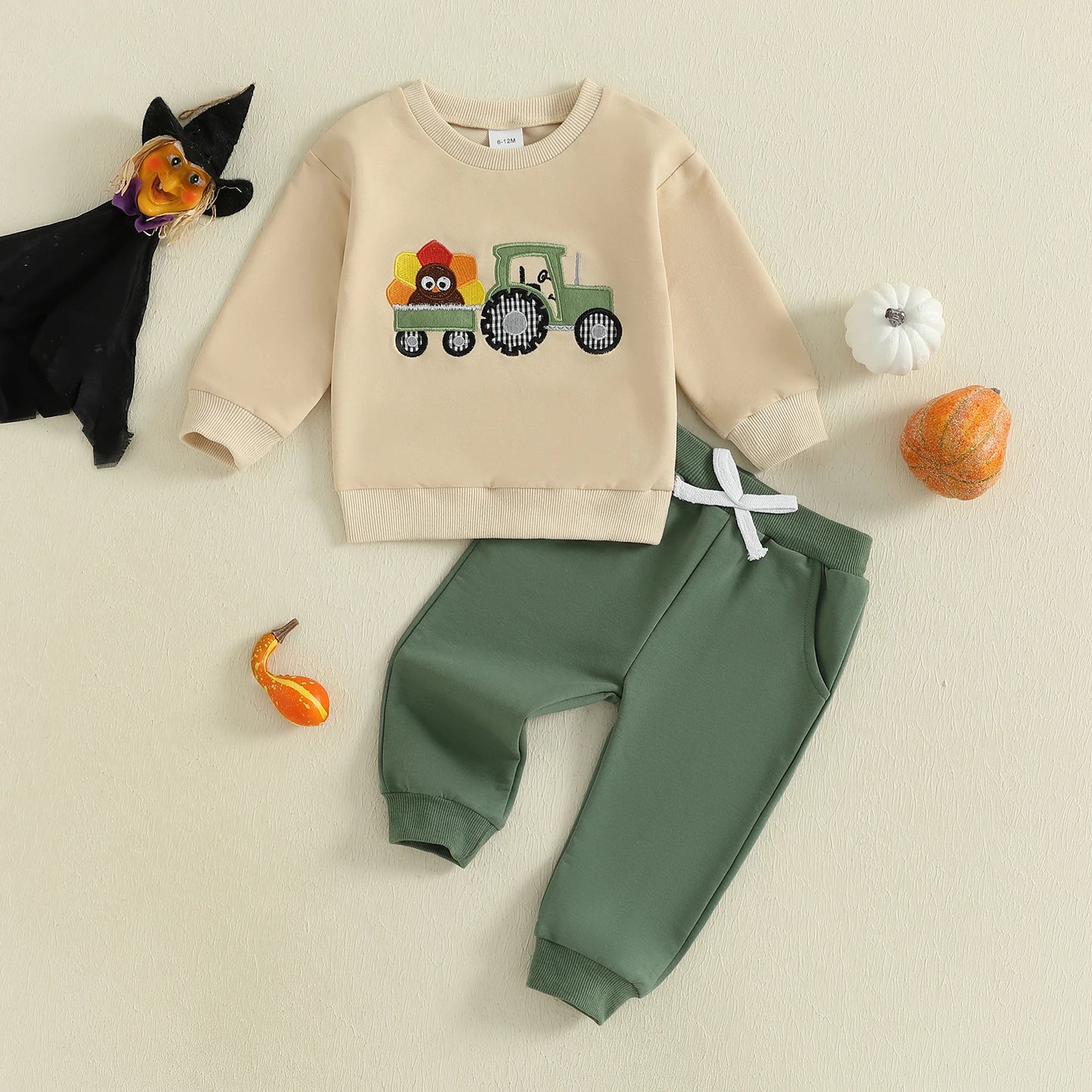 Toddler Girl Thanksgiving Outfit Turkey Pumpkin Embroidery Long Sleeve Shirt and Elastic Leggings 2 Piece Set for Fall