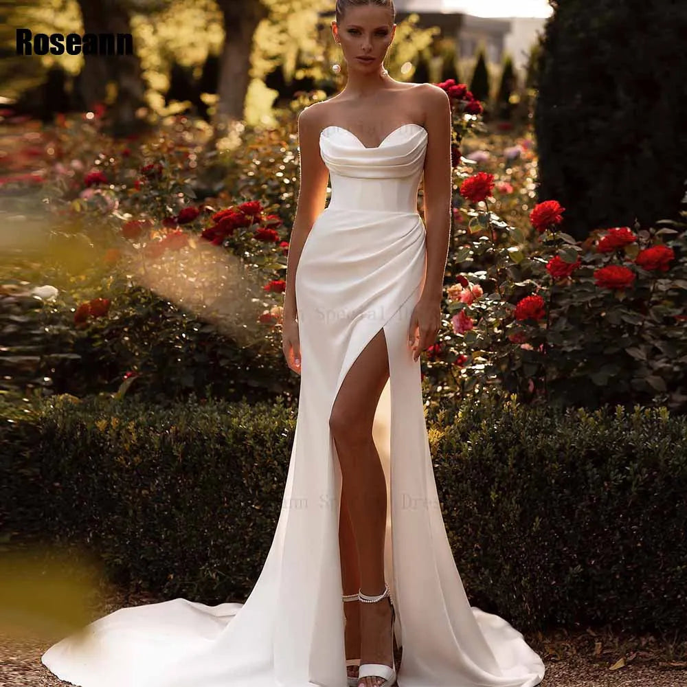 Customized Fashion 2025 Mermaid Wedding Dress Satin Open Back Strapless Front Split Brush Train Bride Dresses robe de mariée