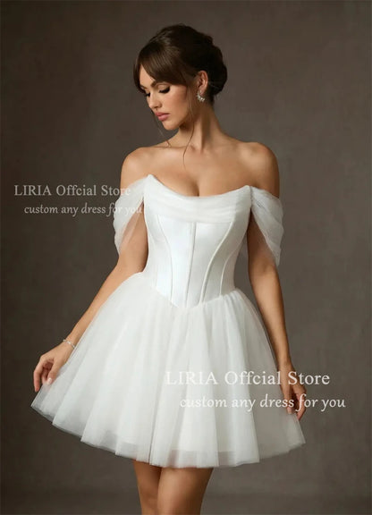 LIRIA Chic Short Wedding Dress for Bride Off the Shoulder Corset Mini Wedding Gowns White A Line Lace Up Elegant Bridal Dresses