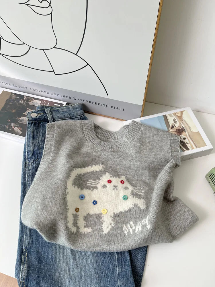 Korean Cute Cat Knitted Sweater Vest For Women 2025 New Colorful Buttons Round Neck Knitwear Loose Casual Versatile Pullovers