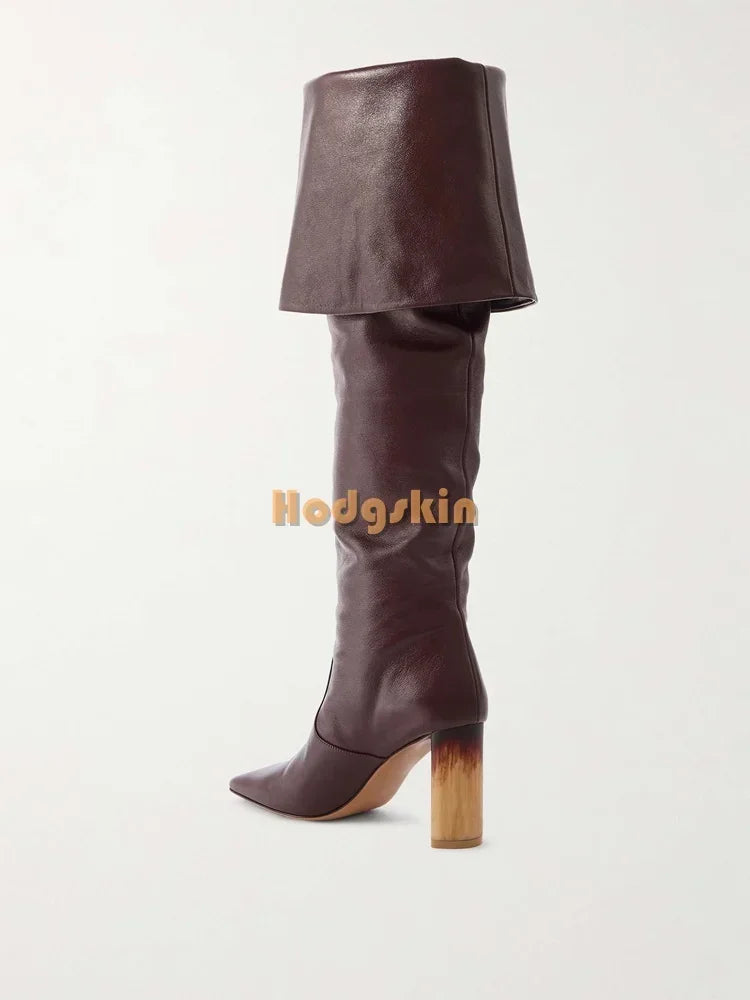Bohemian Square Toe Boots Solid Retro Turned-over-Edges Gradient Wooden High Heels Boots Slip-on 2025 Women's New Fashion Shoes