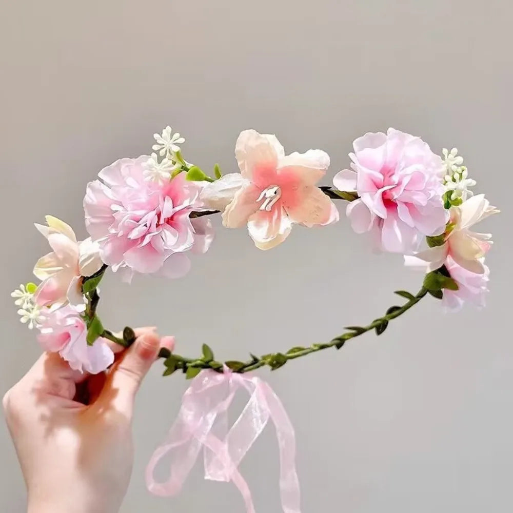 Fascinating Y2k Artificial Flower Fairy Flower Crown with Ribbon Headpiece Flower Headbands Bride Wedding Braided Wreath Women