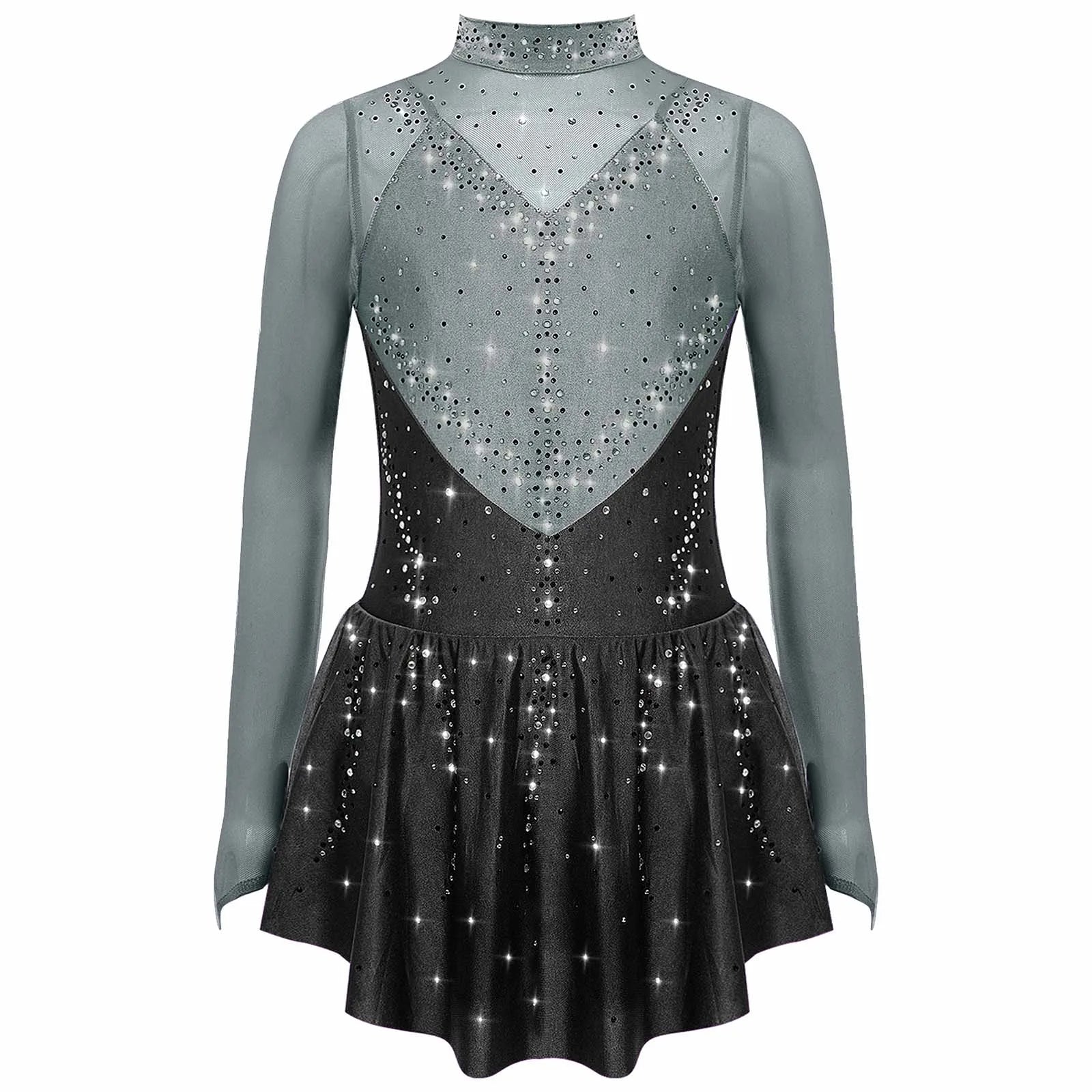 Kids Girls Figure Skating Dance Dress Ballet Lyrical Princess Costume Long Sleeve Color Block Mesh Rhinestones Leotard Dress