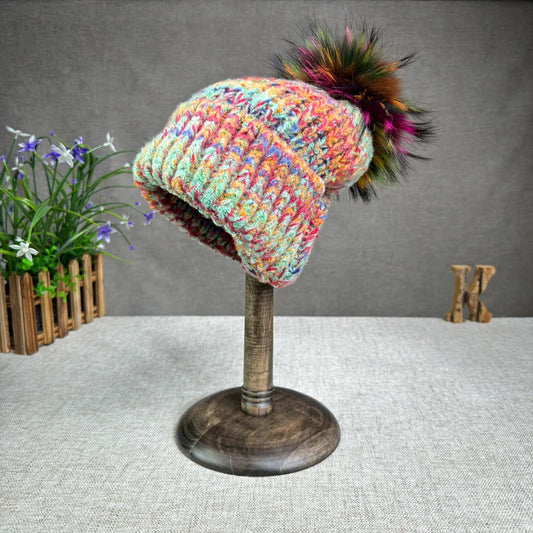 Autumn and winter colorful wool blend women's warm real fox fur ball hat European and American travel Christmas fashion