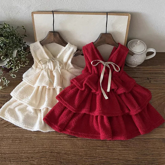 2025 Winter New Girls Sleeveless Princess Dress Children Fleece Dress Cute Baby Girl Christmas Party Dress Kids Warm Clothes