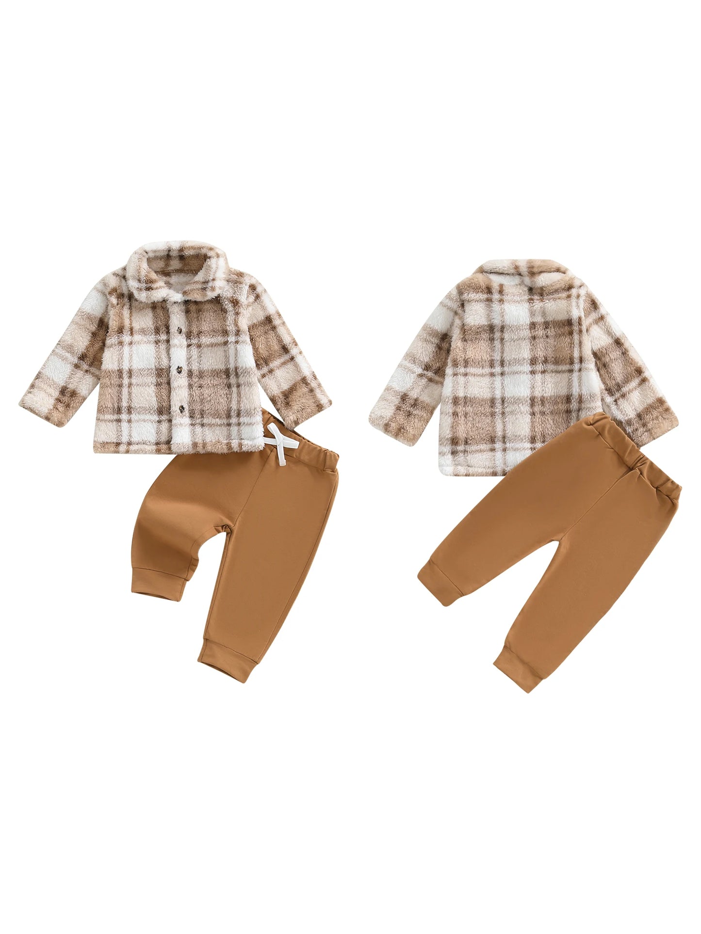 Infant Winter Clothes Set Warm Plaid Fleece Lapel Neck Button Down Long Sleeve Shirt and Pants Outfit for Baby Boy