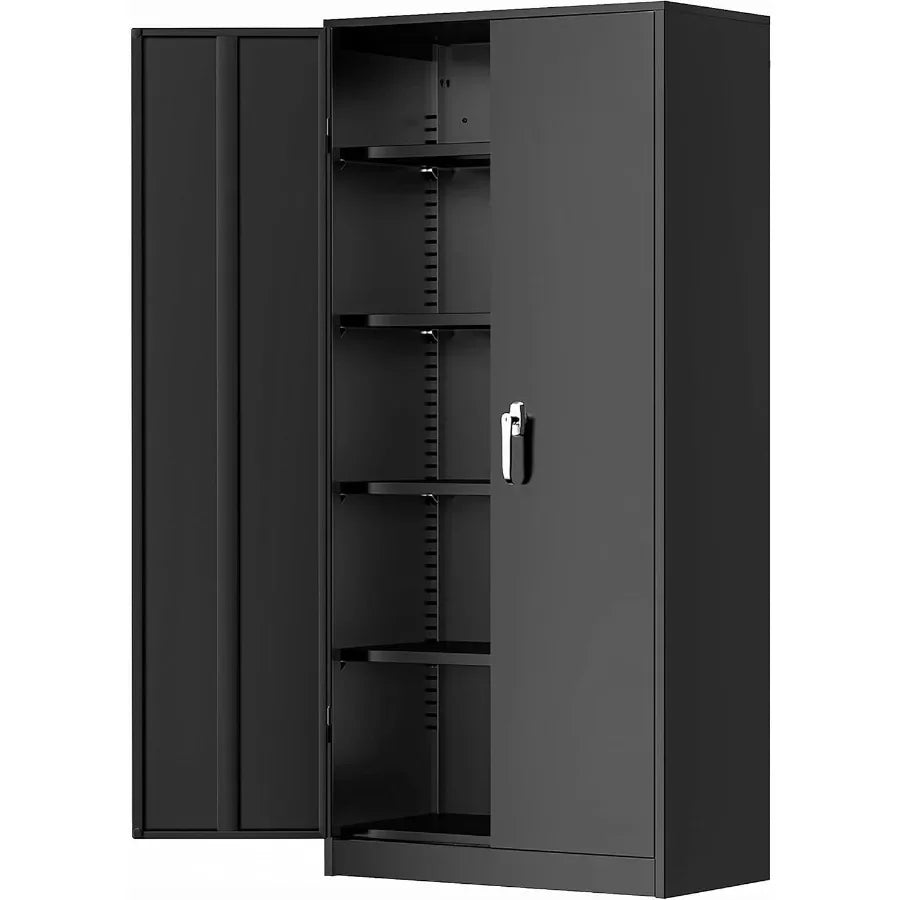 Office, home, garage, school storage cabinet; metal; black; 72 H x 36 W x 18 D with 2 doors and 4 adjustable shelves