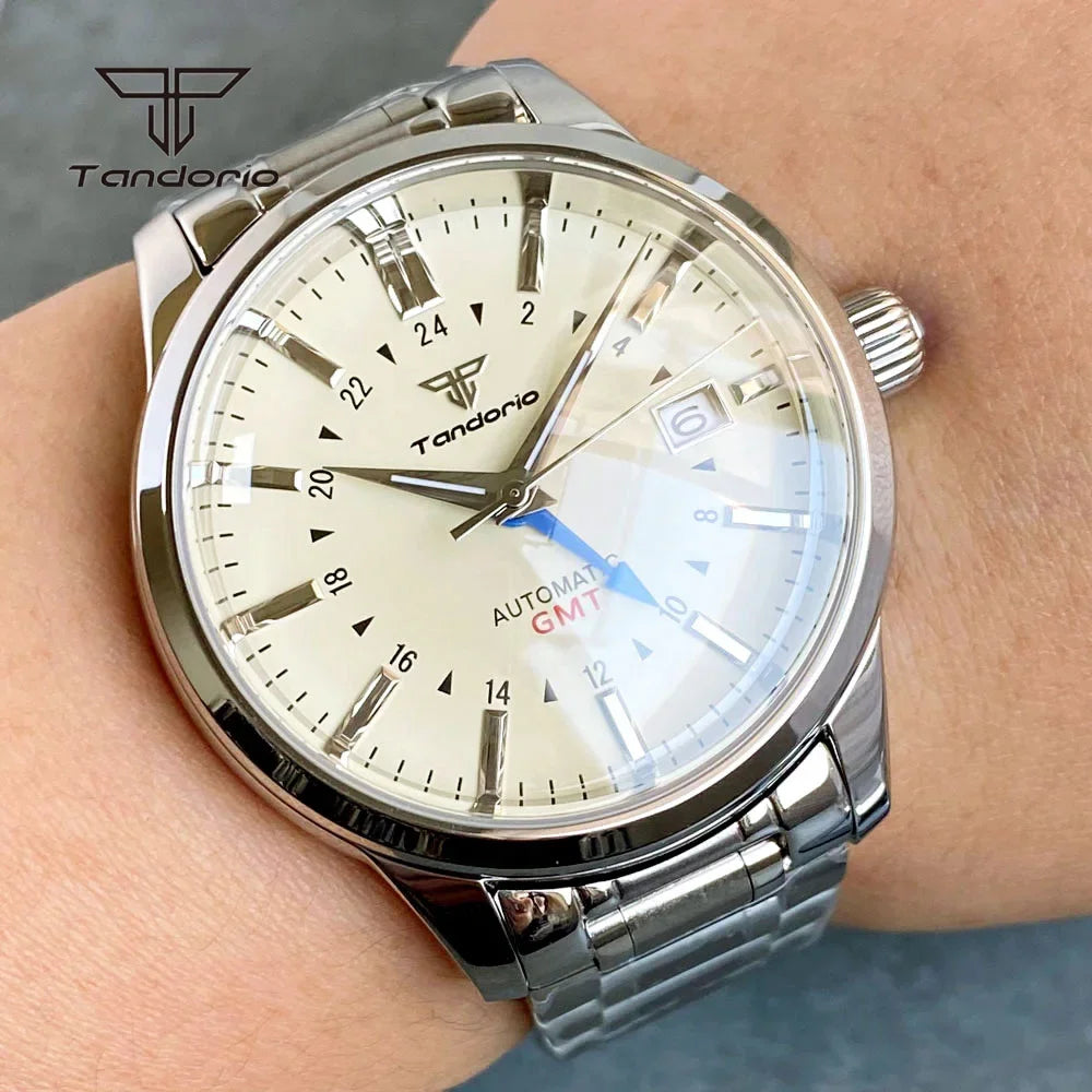 Tandorio Custom NH34 40mm Automatic Watch Double Domed Sapphire Date GMT Polished Dive Wristwatch for Men 20BAR Transparent Back