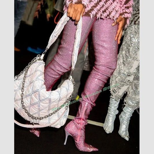 Studded Bling Thigh High Boots Pointed Toe Solid Crystal Stiletto Heels Long Boots Side Zipper New Style Women Shoes Fashion