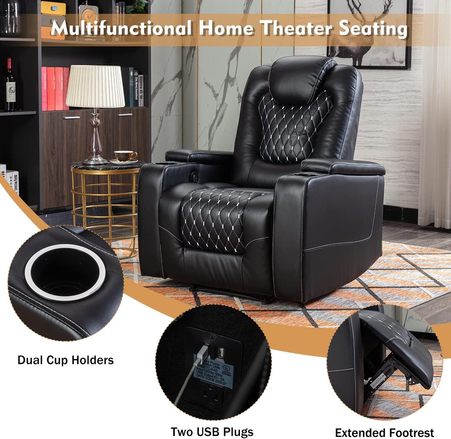 Power Recliner Chair Set Of 3 Black Leather With USB Ports