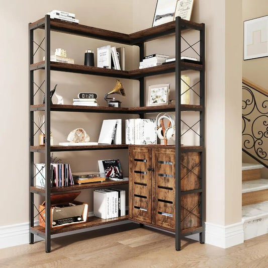 6-Shelf Corner Bookshelf for Living Room, Metal Frame with Wood Veneer, Black Finish, Vintage Industrial Style, Open Storage De