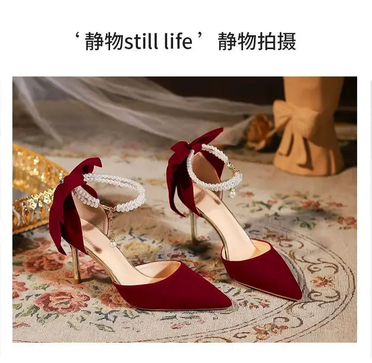 Elegant Women Heel Shoes High Heels Pumps Sexy Stilettos Wedding Shoes Bride Heels Red White Bowknot Footwear