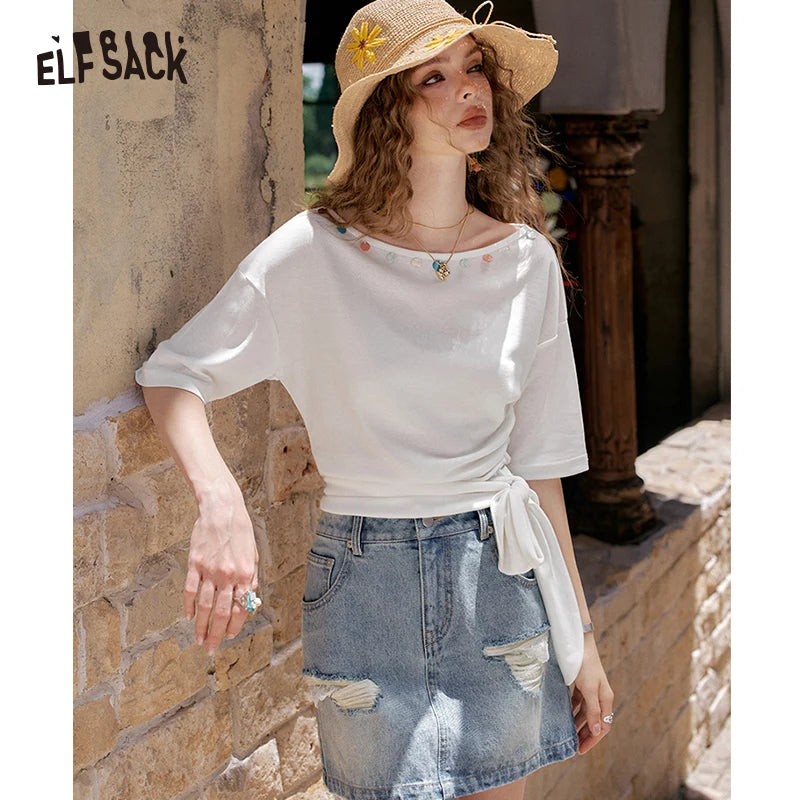 ELFSACK 2025 Summer New Arrivals Back Hollow Lace Up White Short Sleeve Chic T-Shirt For Women