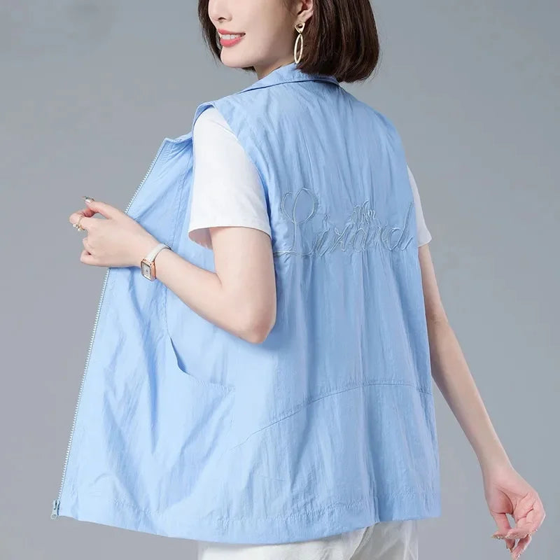 New Spring Summer Thin Blue Vest Women Lined Casual Sleeveless Jacket Basic Coats Turndown Collar Zipper Waistcoat Female Tops
