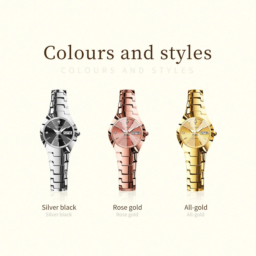 OLEVS Ladies Watch 8697 Luxury Elegant Quartz Watches Waterproof Tungsten Steel Day Date Watches For Woman Watch Bracelet Set