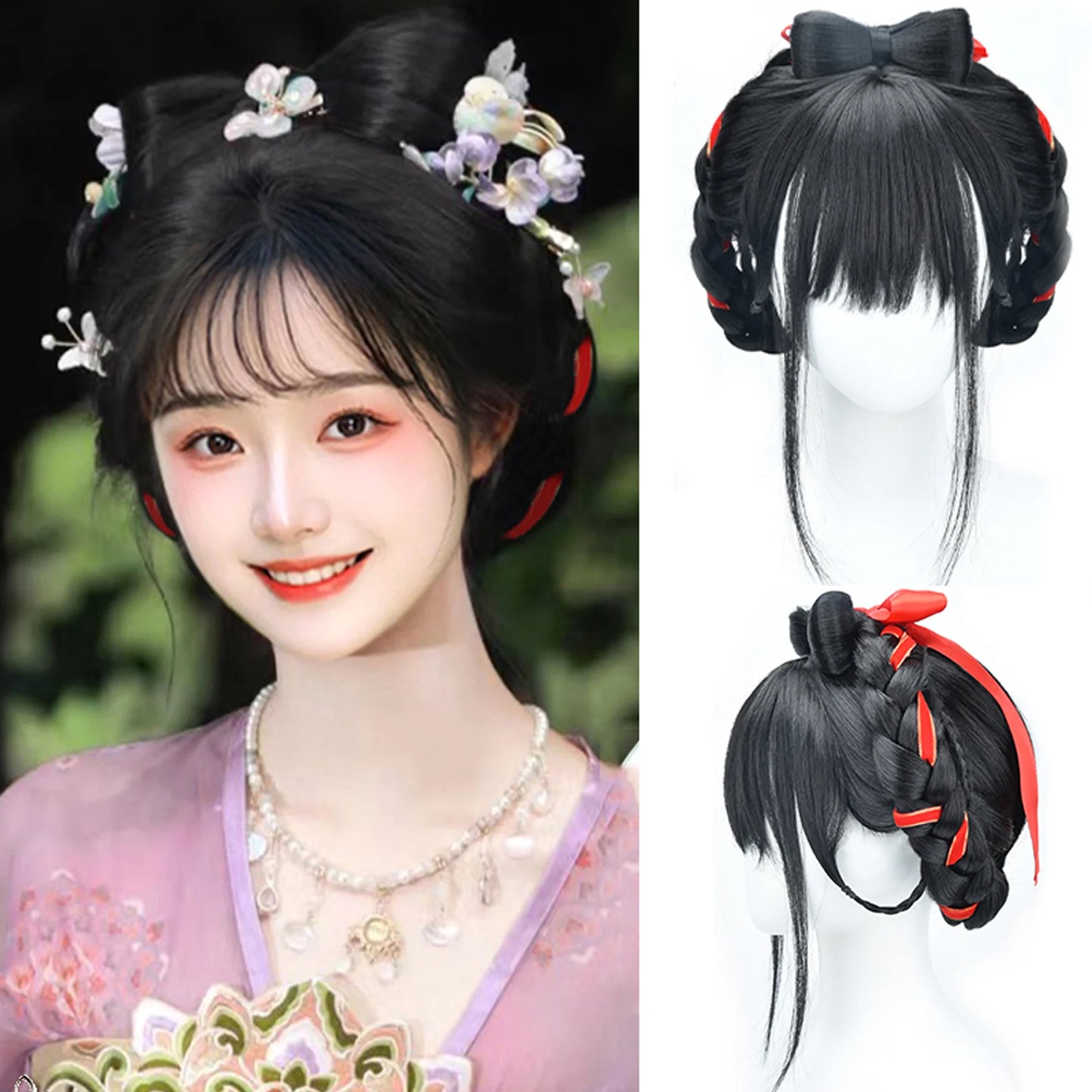 XIYUE Hanfu Wig Headband Women Chinese Style Synthetic Hair Piece Antique Modelling Cos Pad Hair Accessories Headdress Black