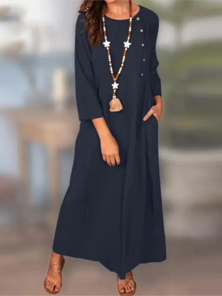 Autumn Fashion Dress Elegant Cotton Linen Women's Solid Color Long Dress Temperament Comfortable Round Neck Long Sleeve Dress