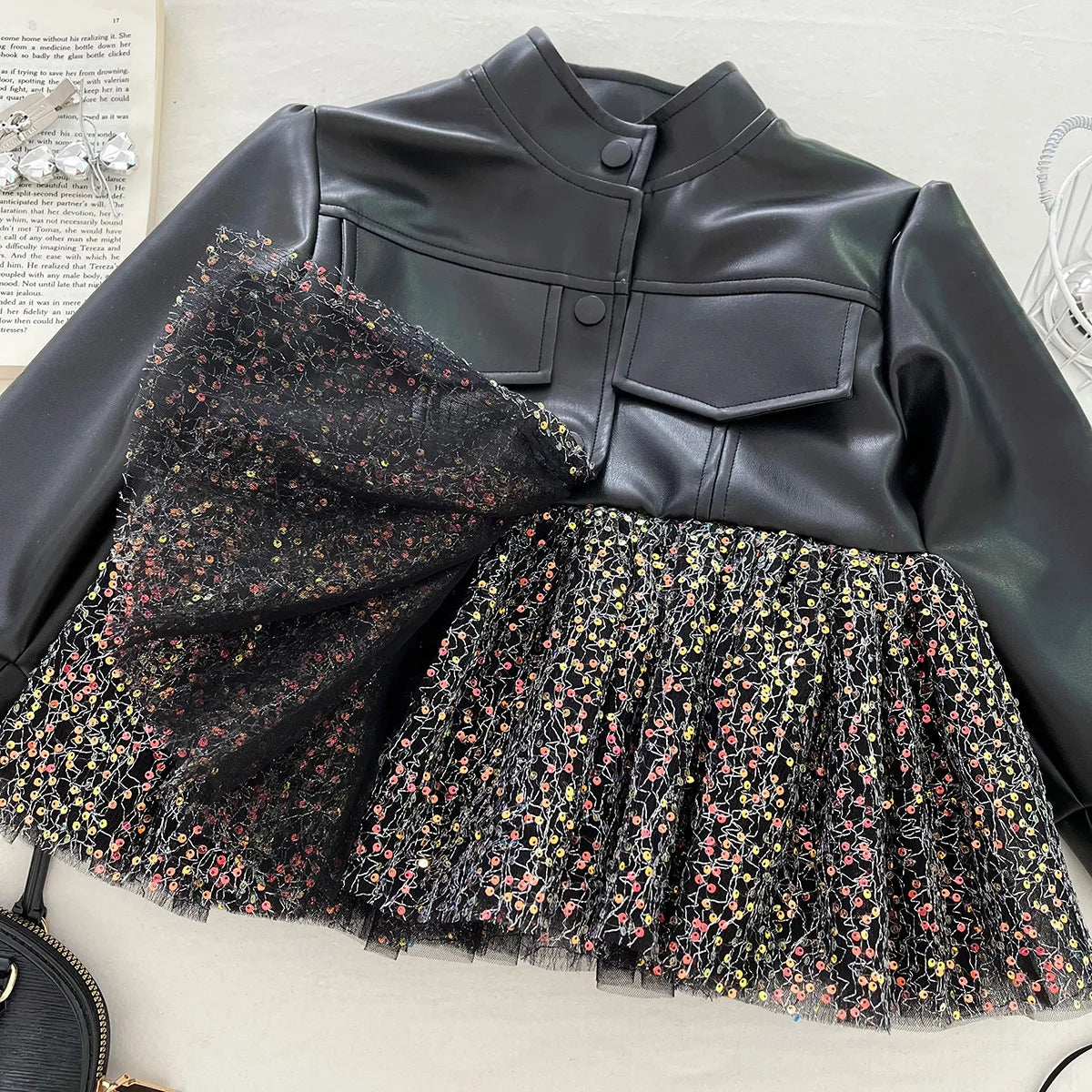 Spring and Autumn Girls Leather Jacket 2025 New Mesh Splicing Top Korean Baby Girls Temperament PU Jacket