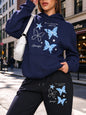 Blue Butterfly Star Printed Womens Pocket Jogging Hoodie Set Street Loose Sweatpants Fleece Casual Clothing Sports Pullover