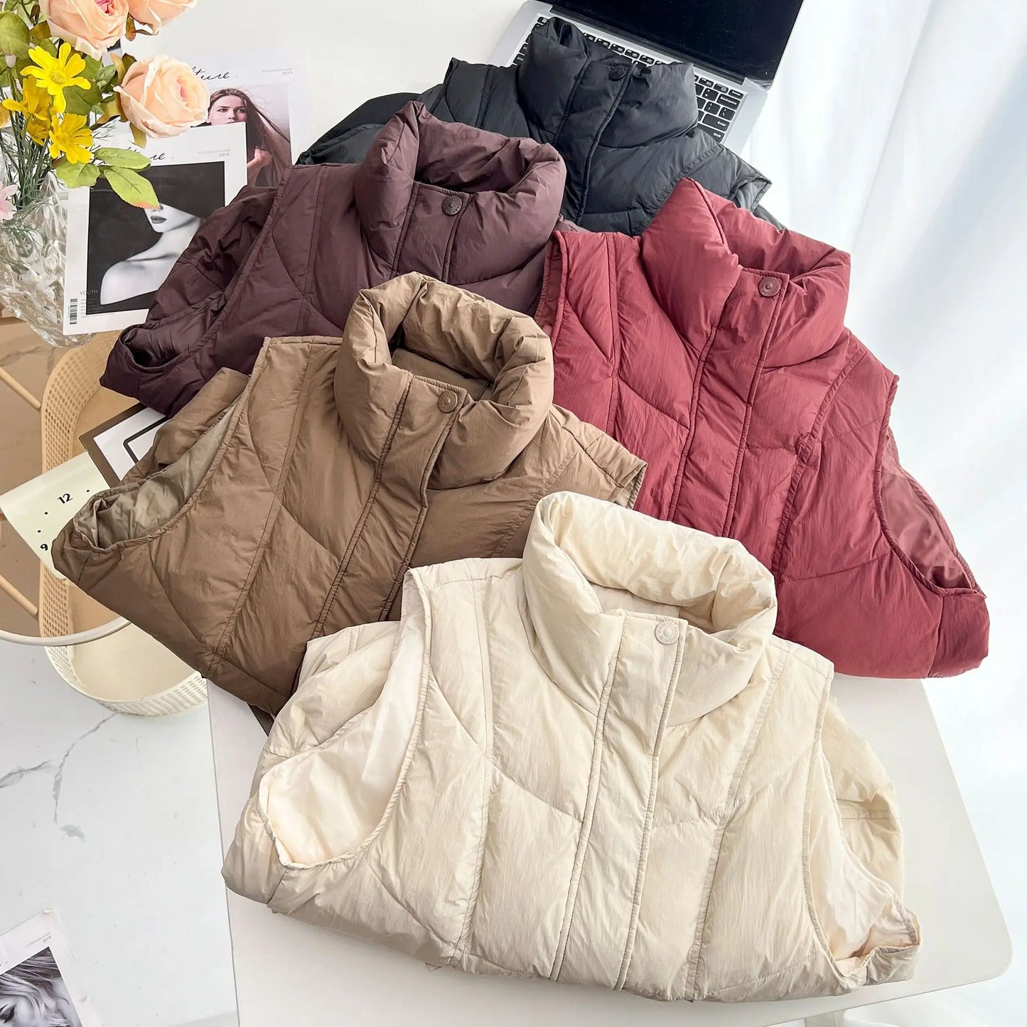 Plus Size Women Down Vest Winter New Loose Oblique Pocket Standing Collar 50% White Duck Down Warm Sleeveless Coat 1317