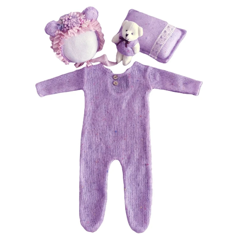 4 Pcs/Set Baby Clothes Newborn Photography Props Baby Romper Jumpsuit Hat Pillow Set With Cute Bear Doll Photo Shooting Outfits