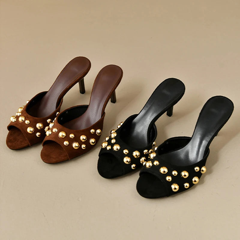 Oulylan Riveted Open Toed Flip-flops Women Summer Sexy Thin High Heels Elegant Solid Color High-heeled Shoes For Party Dress