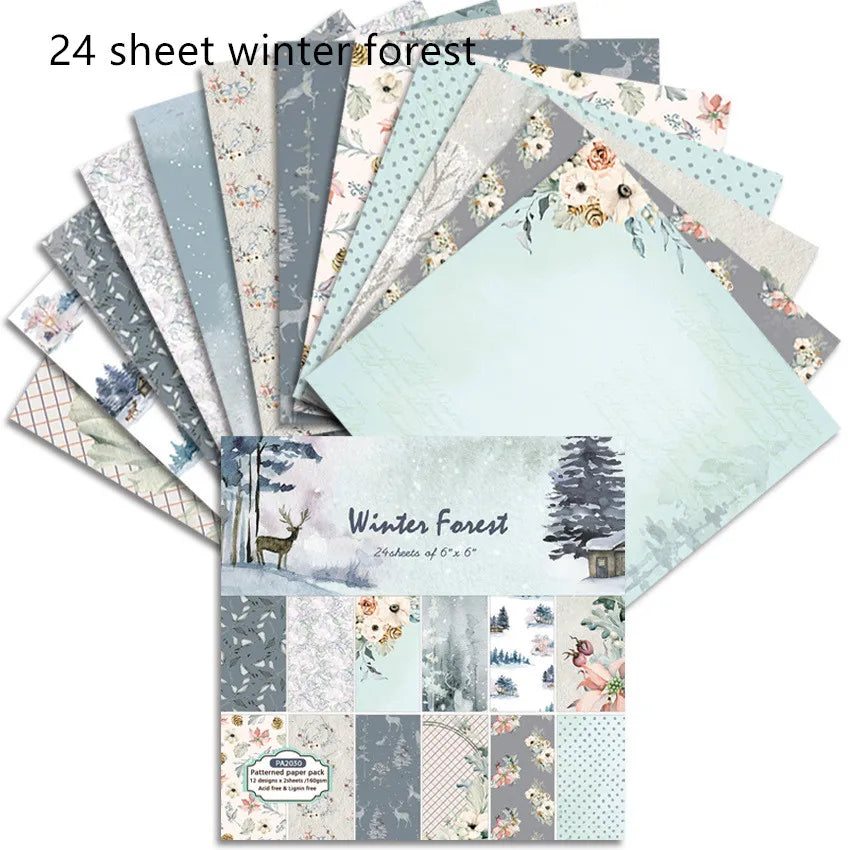 12/24 Vintage Scrapbooking Papers 6 inch Christmas Winter Design Pattern Paper for DIY Album Scrapbook Junk Journal Supplies