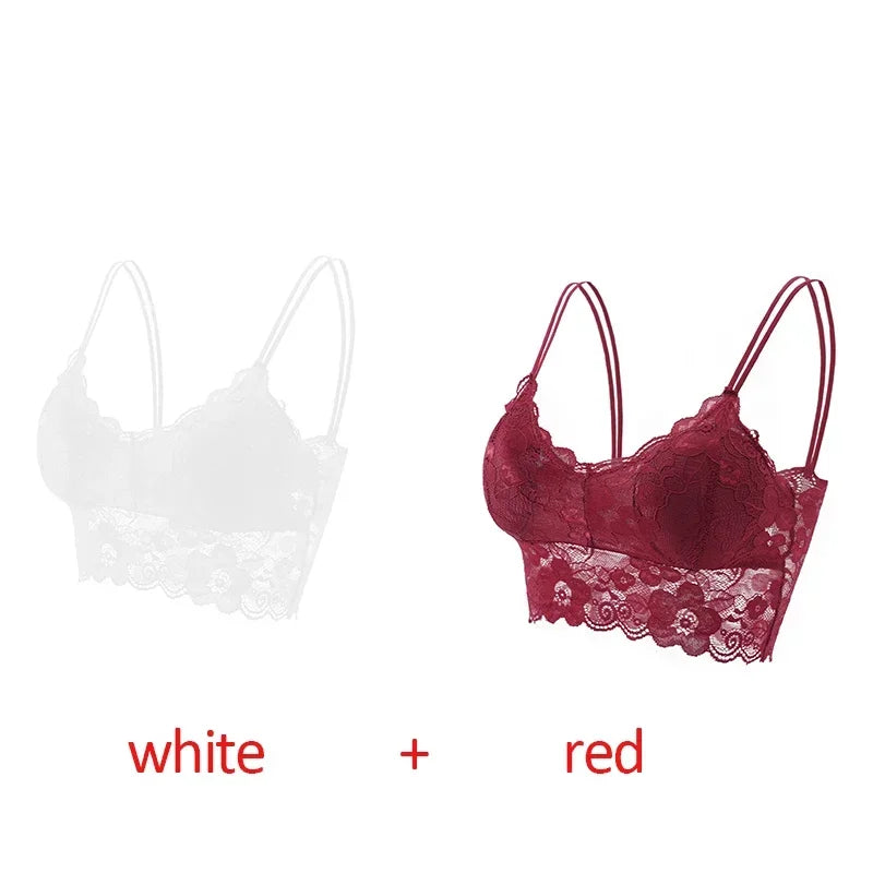 2pcs Sexy Bra Women Lace Bralette Floral Lingerie Underwear Wireless Padded Brassiere Seamless Ultra Strap Wire Free Bras Vest
