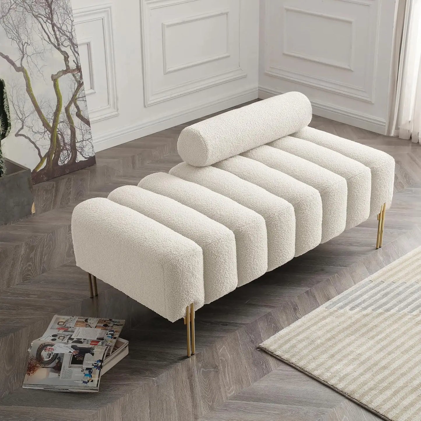 PU Leather Bedroom Ottoman Bench 53.2" Long Ottoman Benches for Living Room Bed End Rectangular Window Entryway Bench