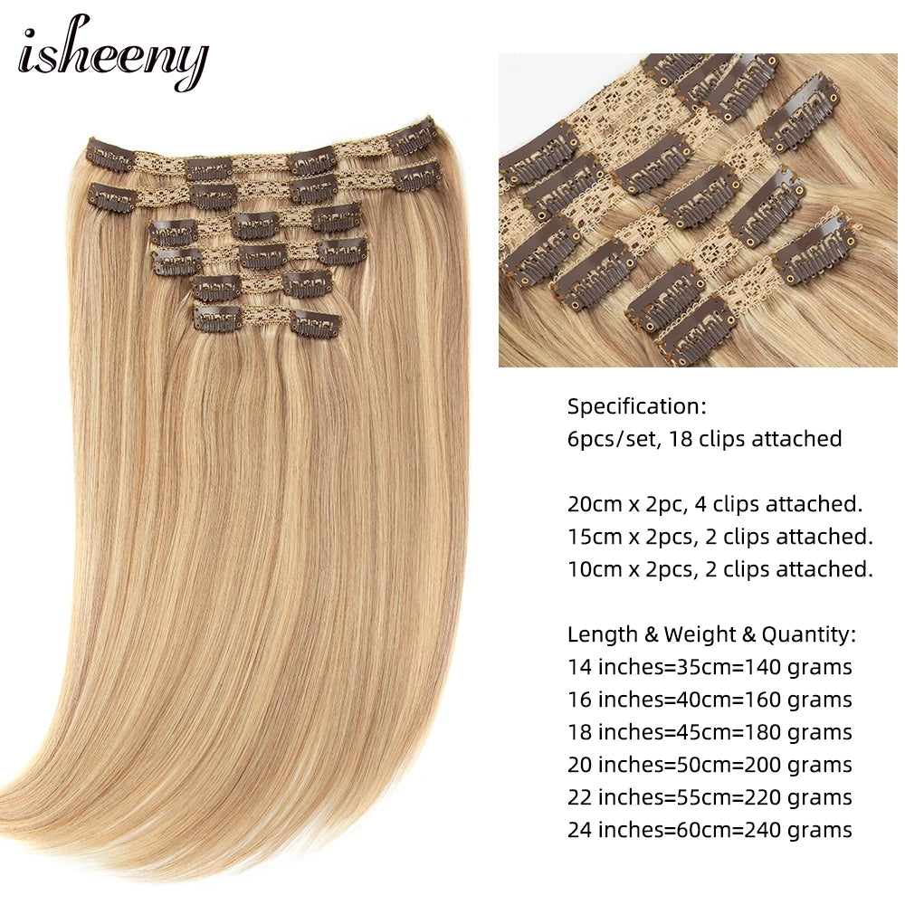 isheeny 140-240G Blonde Brazilian Machine Remy Straight Clip In Human Hair Extensions Full Head 6pcs/set 14-24 Inch Volume Hair