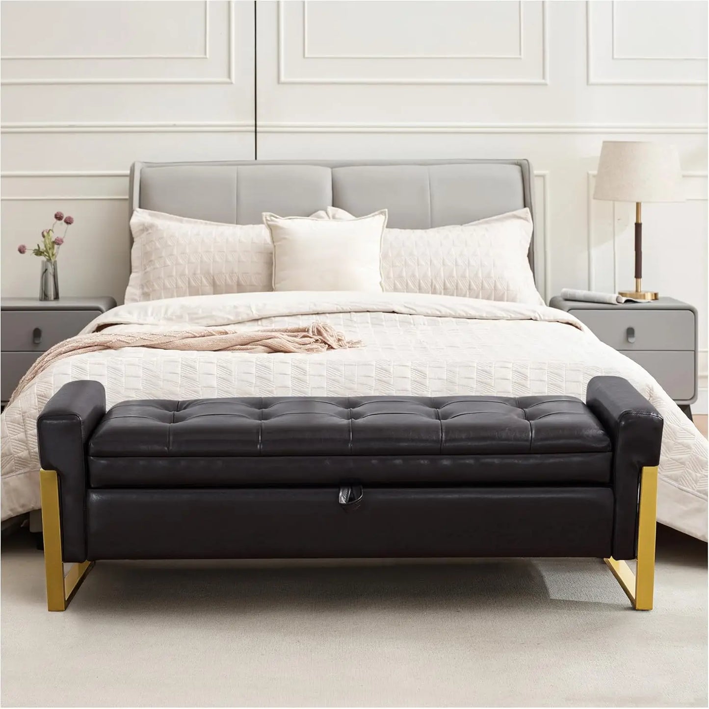 Storage Ottoman Bench, Upholstered PU Leather End of Bed Bench with Tufted Button&Gold Metal Legs for Bedroom