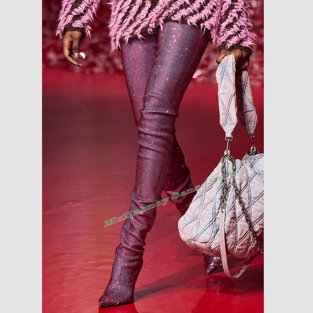 Studded Bling Thigh High Boots Pointed Toe Solid Crystal Stiletto Heels Long Boots Side Zipper New Style Women Shoes Fashion