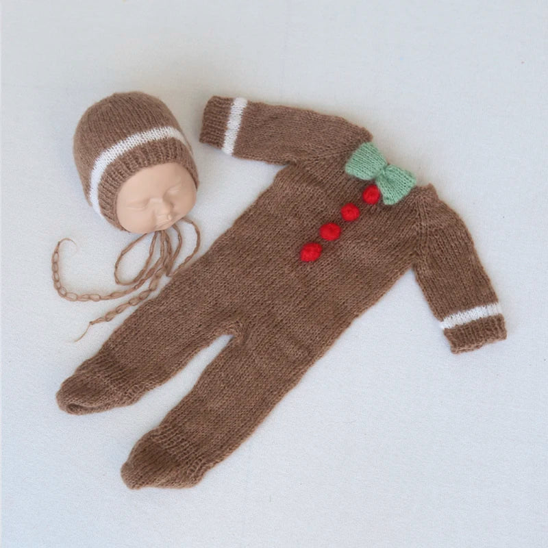Hand Knitted Wolf Pup Footed Outfit Set Baby Boy Animal Romper Newborn Photography Prop Fuzzy Crochet Teddy Bear Overall Clothes