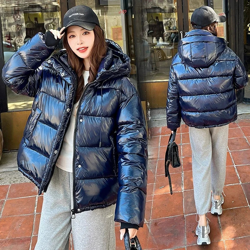 2025New Winter Jacket Women Parka Fashion Hooded Thick Warm Glossy Down Cotton Coat Parkas Female Casual Outwear Overcoat Ladies
