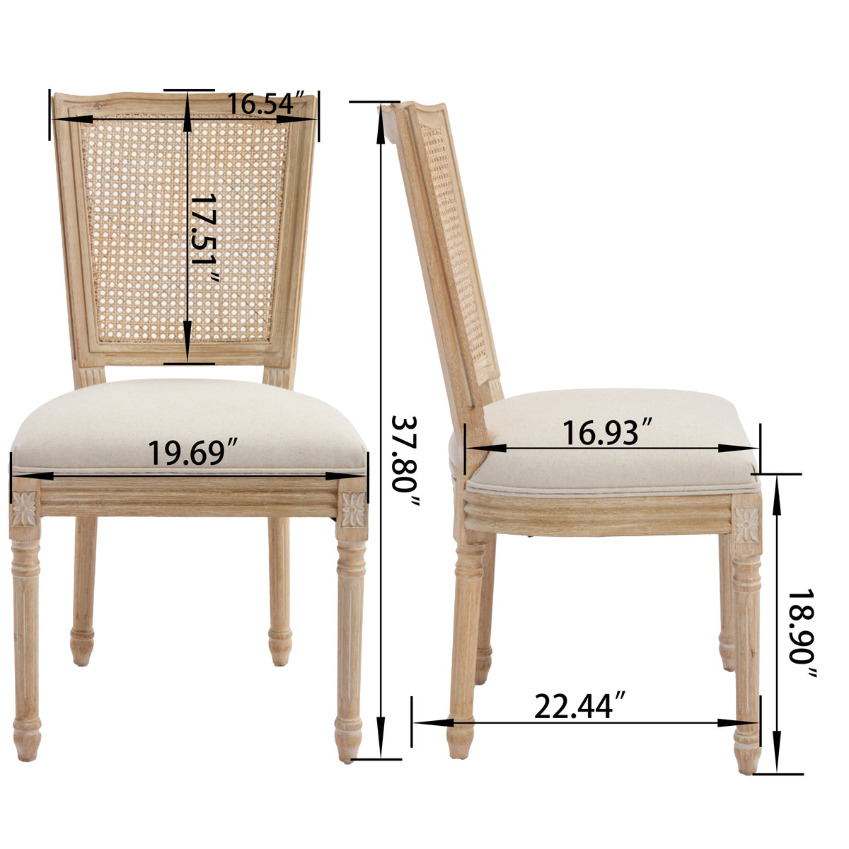 Dining Chairs Set of 2 with Rattan T-Backs and Beige Linen Seats,
