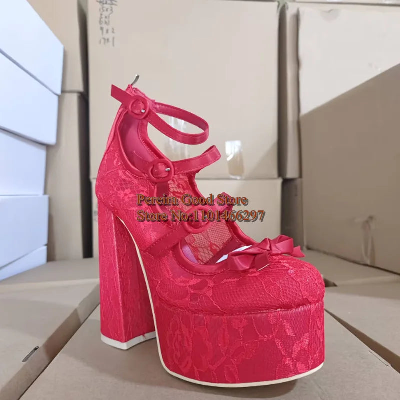 Pink Lace Platform Ankle Boots Belt Buckle Strap Chunky Heels Round Toe Female Wedding Bride Dress Shoes Drop Shipping