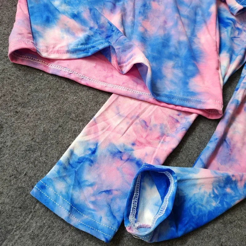 Baby Girls T shirts and Long Pants Suits Summer Tie Dye Print  Kids Girls Tops V-neck T Shirt Children Slim Sport Clothes Set