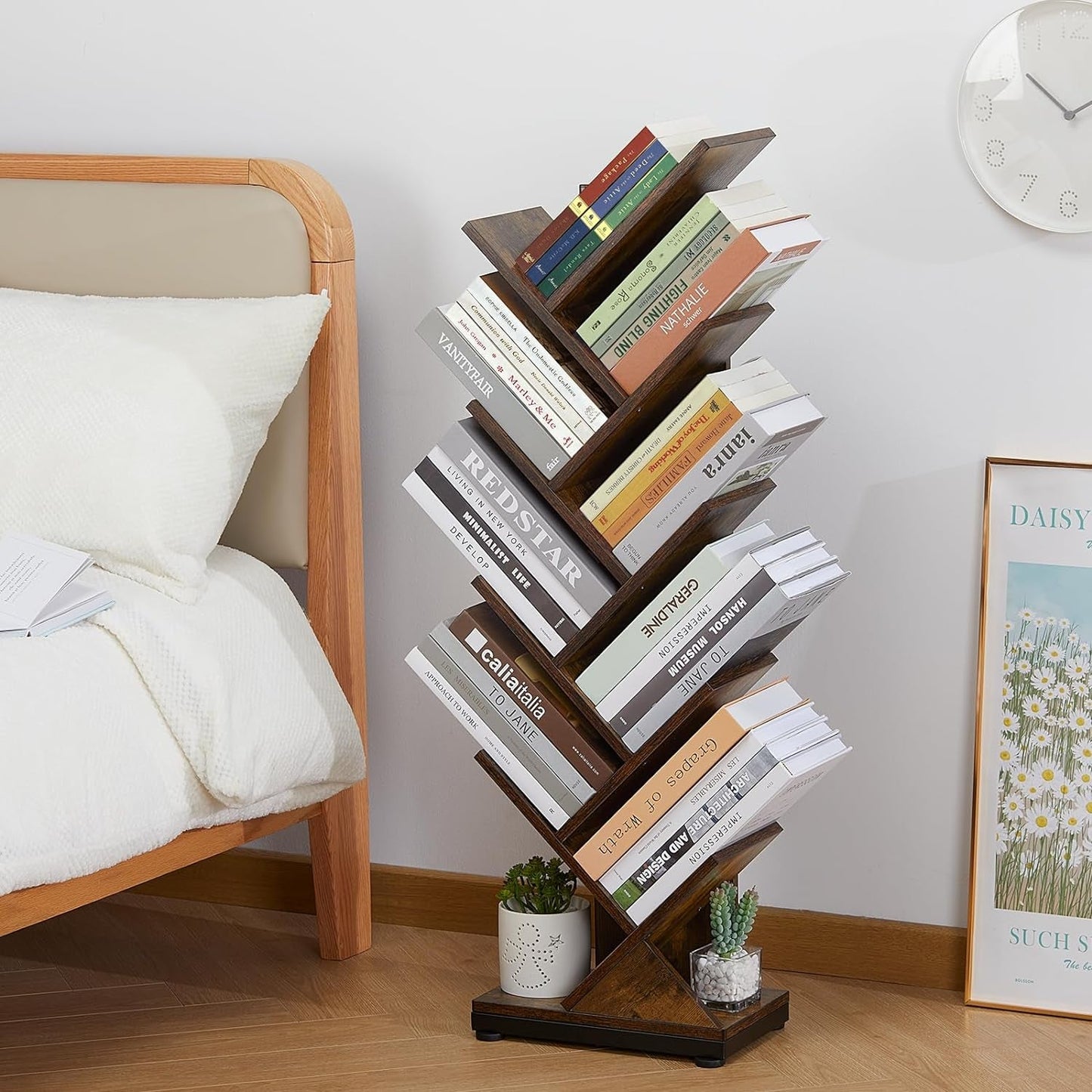 8 Tier Tree Bookshelf Floor Standing Bookcase For Books CDs Rustic