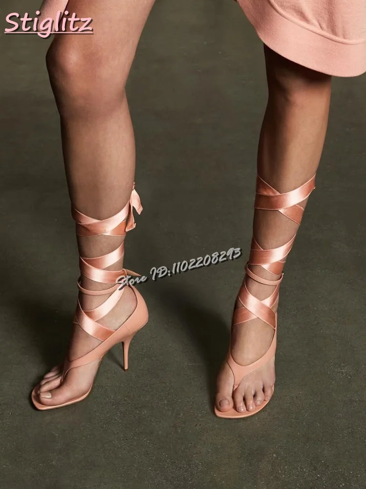 Silk Satin Cross-tied Sandals Clip-Toe Lace-up Flip-flop High Heels Riband Elegant Dress Shoes 2025 Summer New Fashion Women