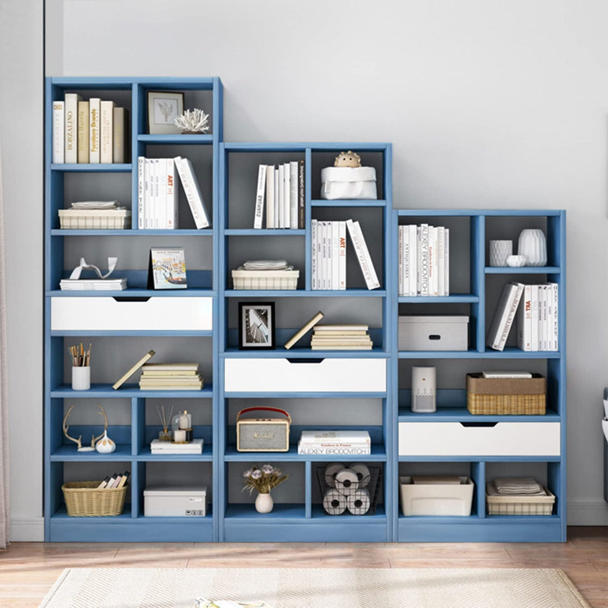 Bright Blue Wooden Bookcase With Eight Cubes Scandinavian