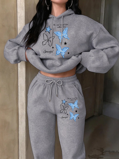 Blue Butterfly Star Printed Womens Pocket Jogging Hoodie Set Street Loose Sweatpants Fleece Casual Clothing Sports Pullover