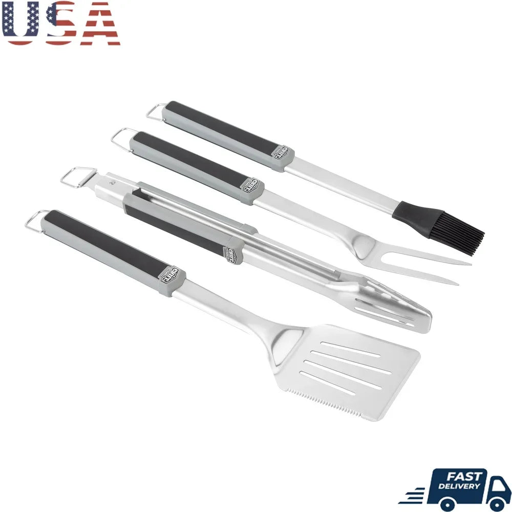 Stainless Steel Grilling Tools Set 4 Piece BBQ Set with Tongs Spatula Fork Basting Brush Ergonomic Handles Hooks Dishwasher Safe