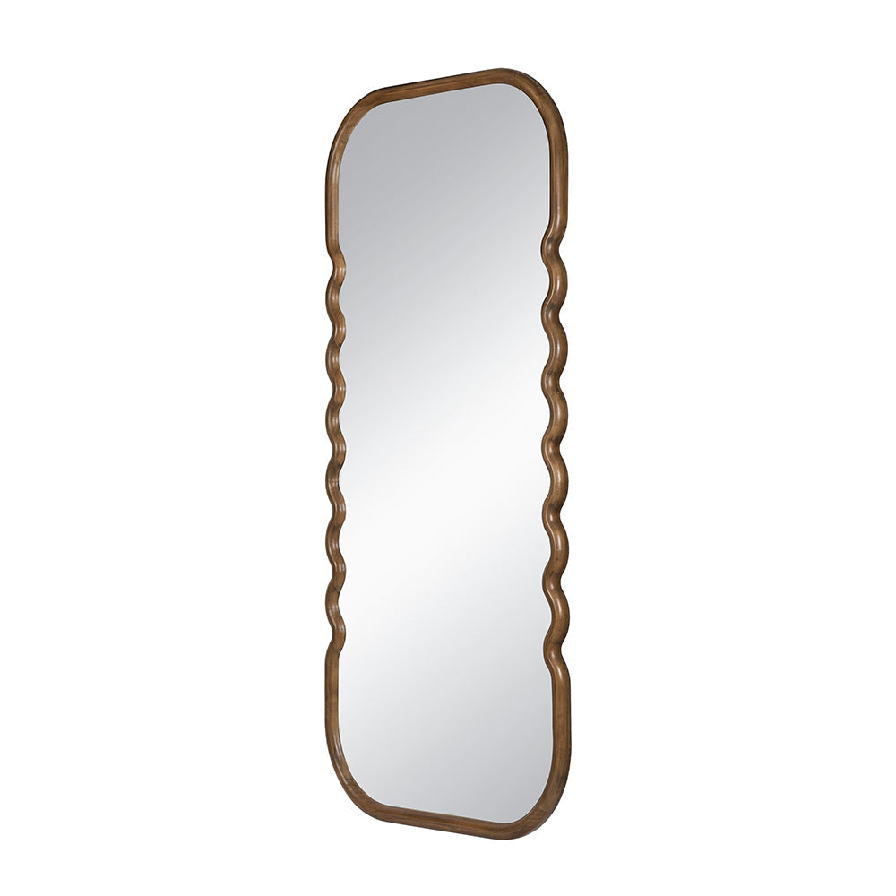 Oversized Curved Wood Frame Floor Mirror, Brown, 31.4 × 74 in