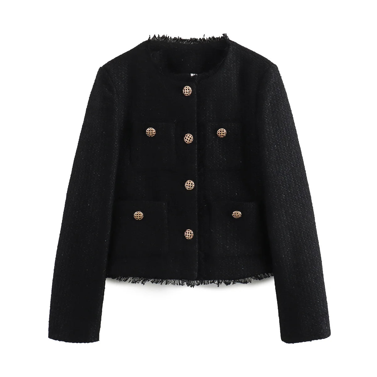 Women Elegant Tweed Cropped Jacket Autumn Button Frayed Long Sleeve Jackets 2024 Female Fashion O-neck Pocket Short Coats