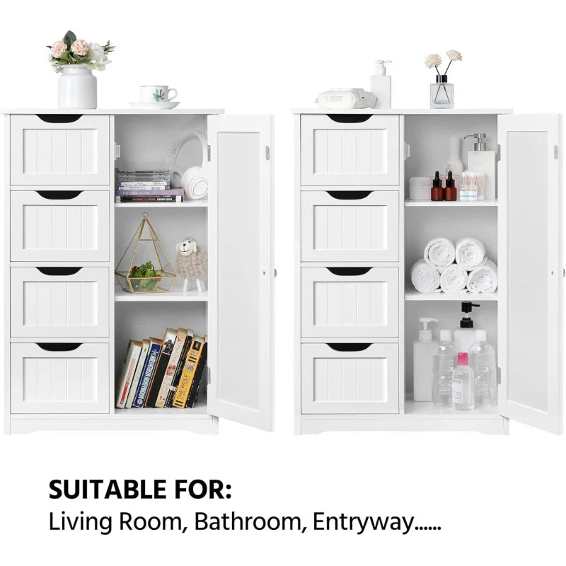 Wooden Floor Cabinet, Side Storage Organizer with 4 Drawers and 1 Cupboard, Freestanding Entryway Storage Unit Console