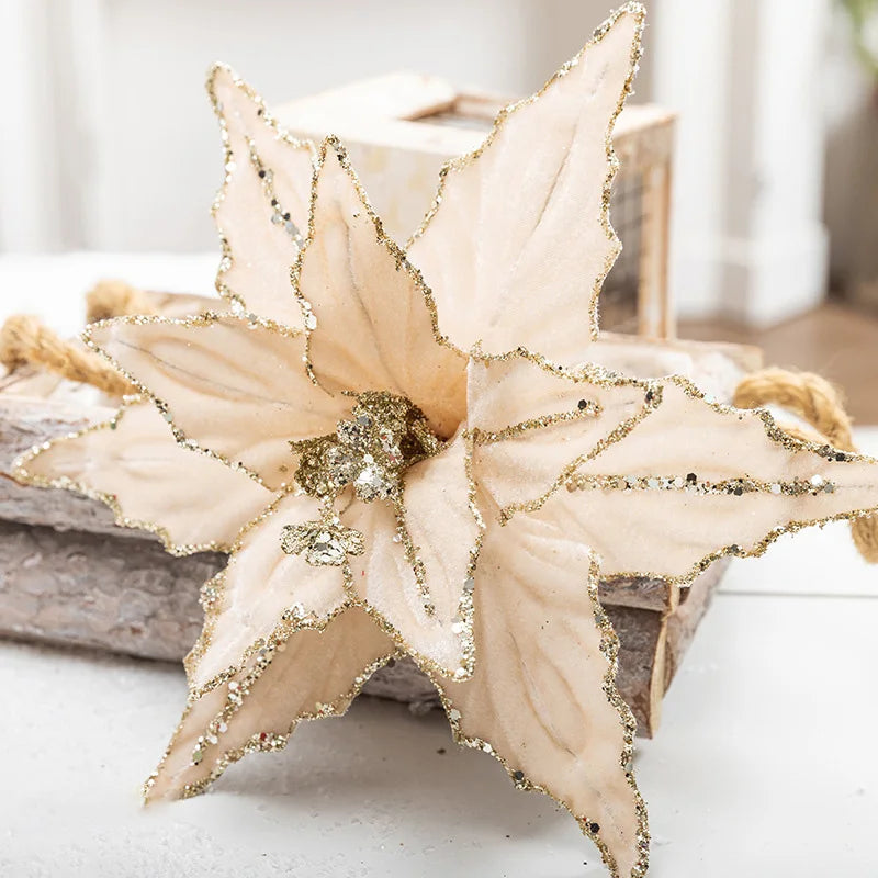 Velvet 26cm Christmas Flower Handmade Golden Glitter Artificial Flower Christmas Tree Hanging Flowers Pendant Decor 2025New Year