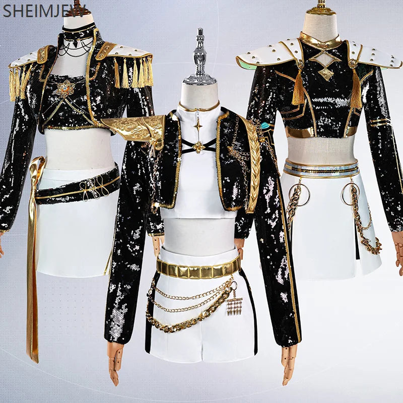 Rumi Zoey Mira Cosplay Kpop Demon Hunter Girls Group Cosplay Costume Women's Black And Gold Sequin Set Halloween Party Set 2025