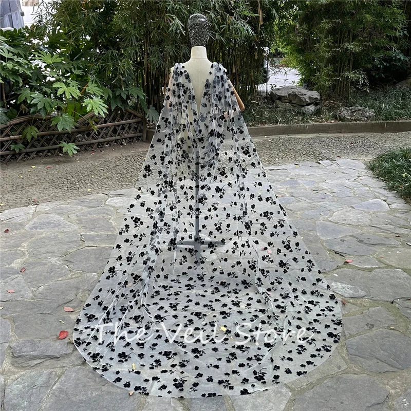 Flocking Tulle White And Black Bridal Cape Draped Shoulder Veils Wedding Shrugs For Brides Floral Cathedral Long With Clips New