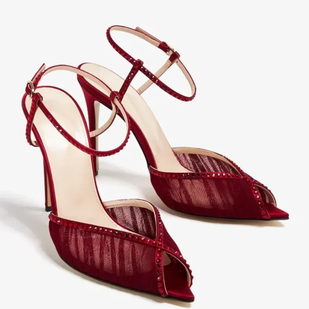 Crystal Peep Toe Ankle Buckle Strap Sandals Sexy Pointed Toe Oversize 46 Shallow New Arrials Fashion Women Modern Shoes