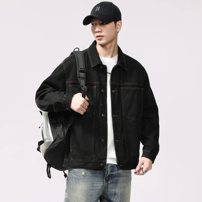 American Vintage Japanese-Style Raw Washed Black Denim Jacket - Relaxed Fit Casual Workwear Coat 100% Cotton Plus Size 4XL